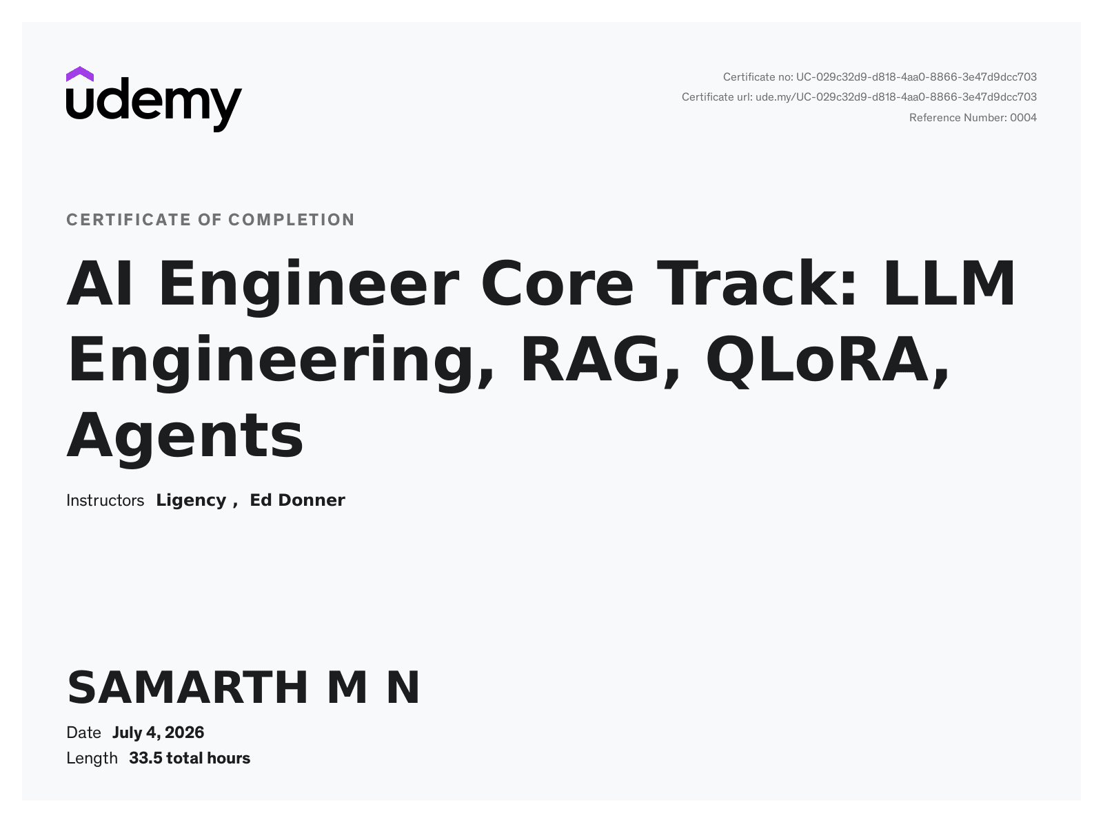 AI Engineer Core Track: LLM Engineering, RAG, QLoRA, Agents certificate issued by Udemy