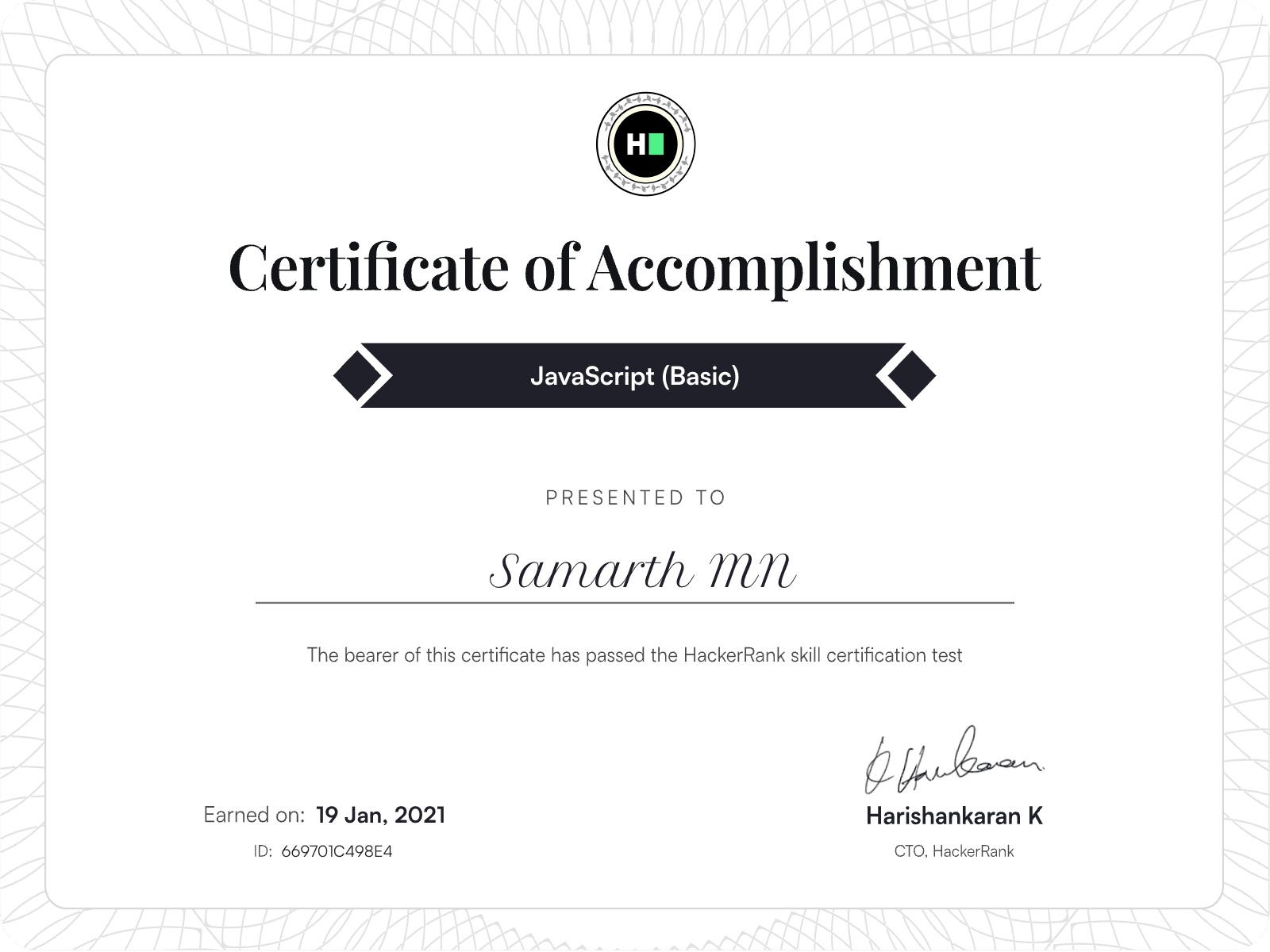 JavaScript (Basic) certificate issued by HackerRank