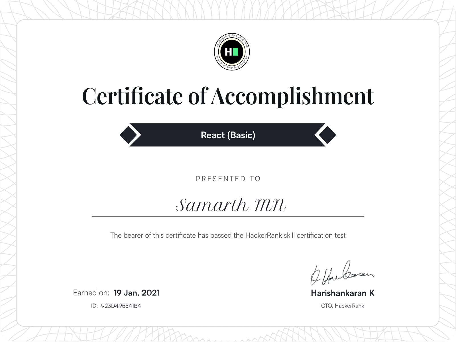 React (Basic) certificate issued by HackerRank