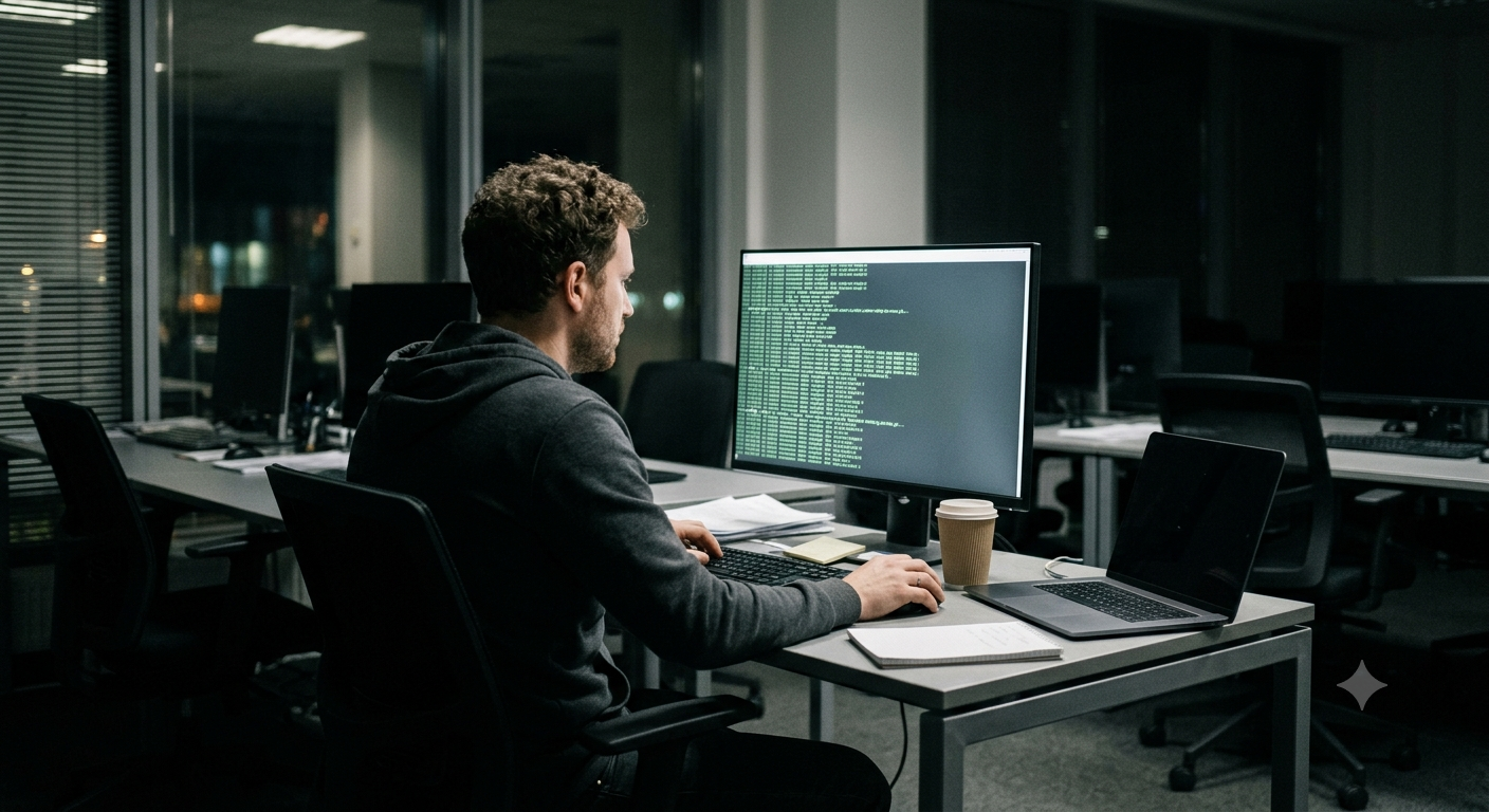 Security engineer reviewing incident logs in an empty office at night