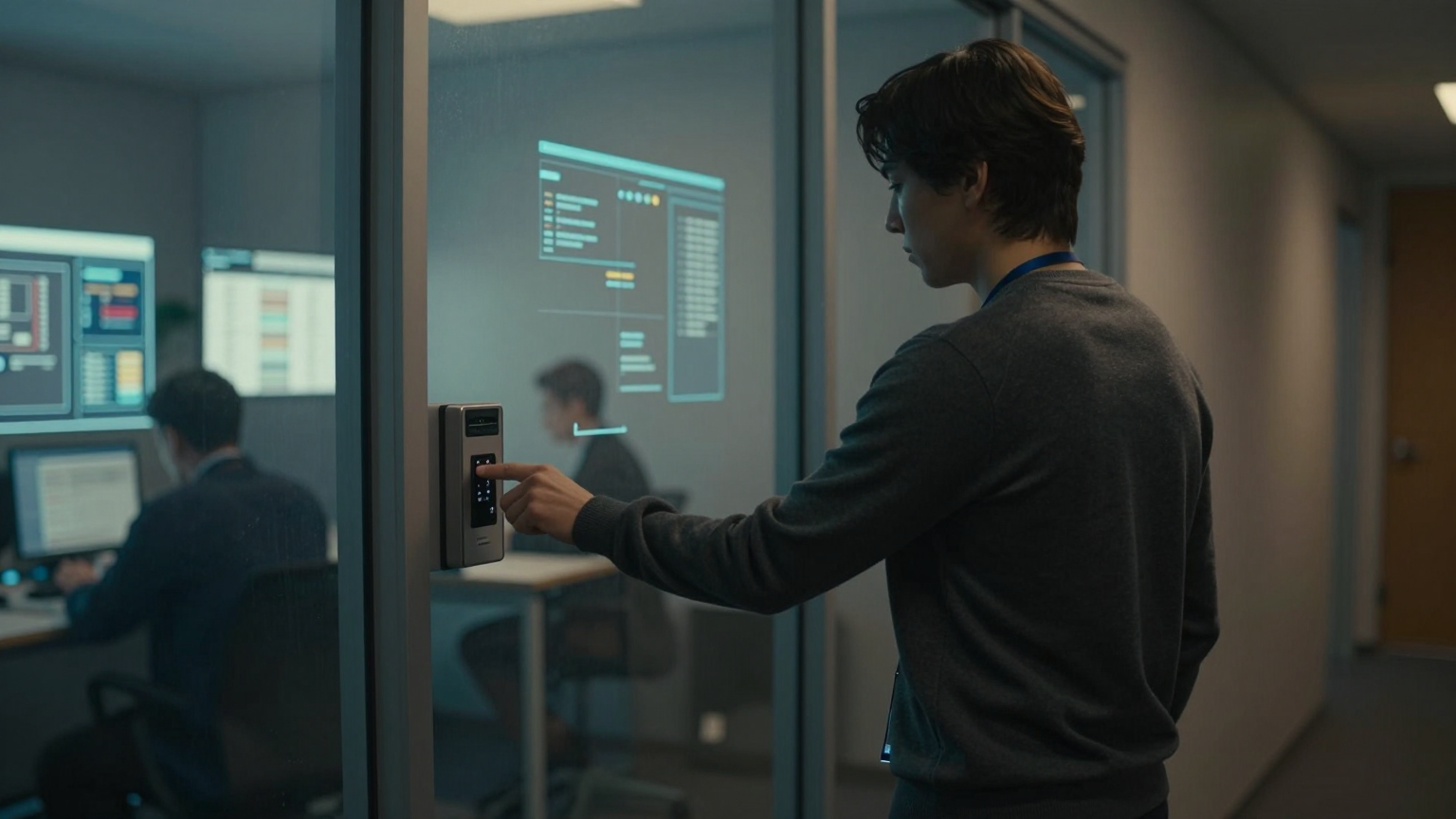 A person badges at a locked glass door, their own team's lit workspace visible inside