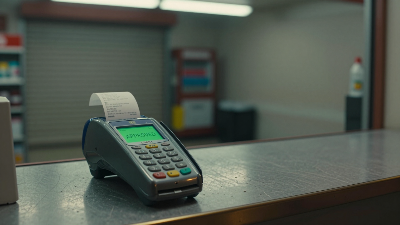 An empty retail counter at night, the card terminal showing APPROVED and a receipt printing with no customer present
